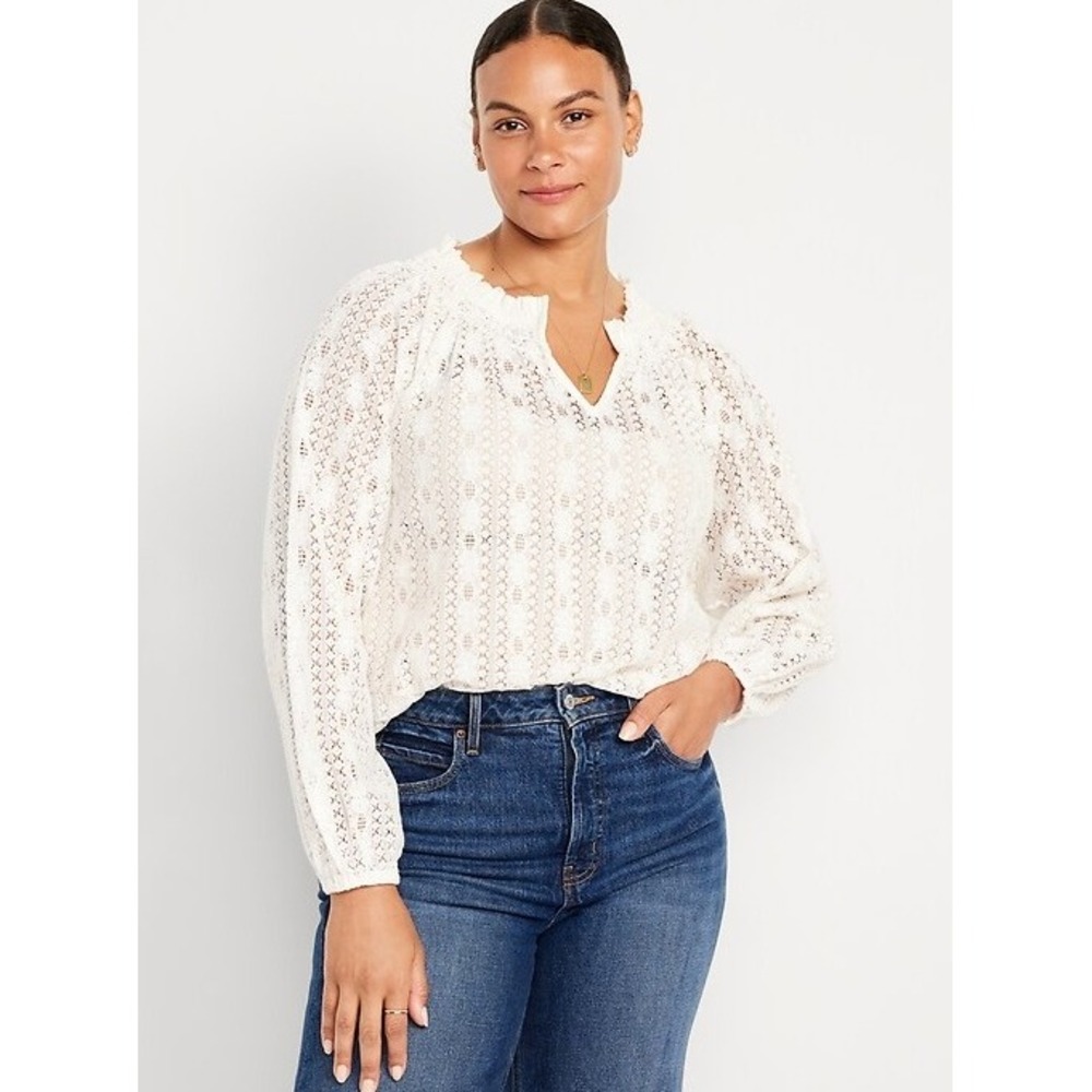 New Old Navyโ size 2X Cream White Tie Front Lace Crochet Puff Sleeve Top Boho